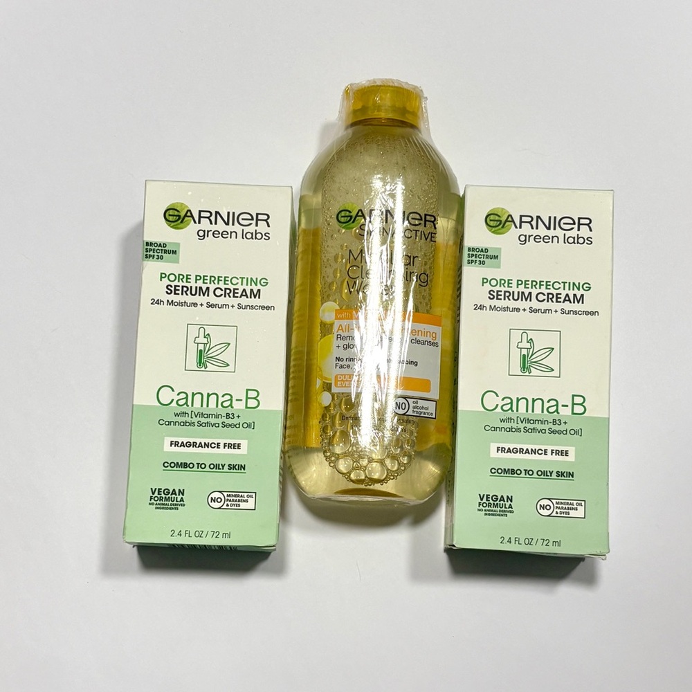 Lot of 3 NIB Garner Skincare Green Lab 2-Canna-B Serum 1-Vitamin C Miscler Water